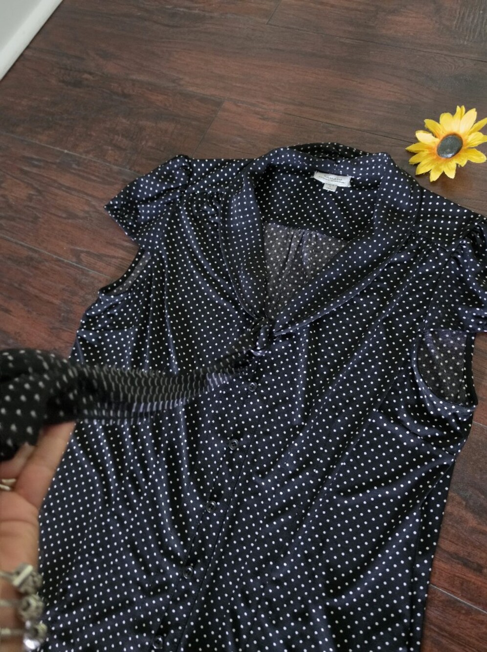 TAHARI Polka Dot Tie-Neck Blouse - Black - Picture 4 of 7